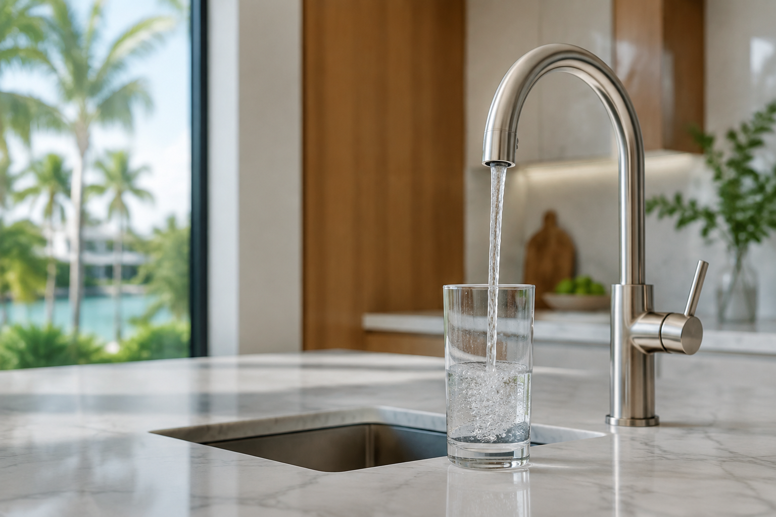 Clear water pouring from a modern kitchen faucet into a drinking glass